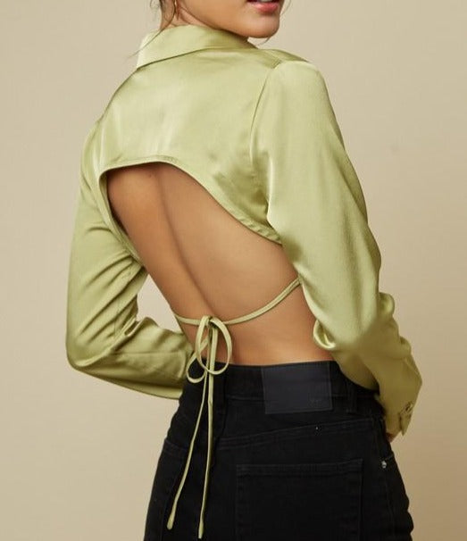 Open Back Collared Crop Top with Back Tie