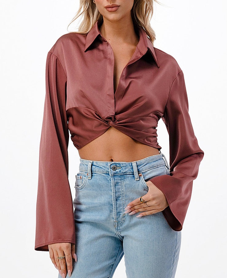 Satin Twisted Front Cropped Shirt